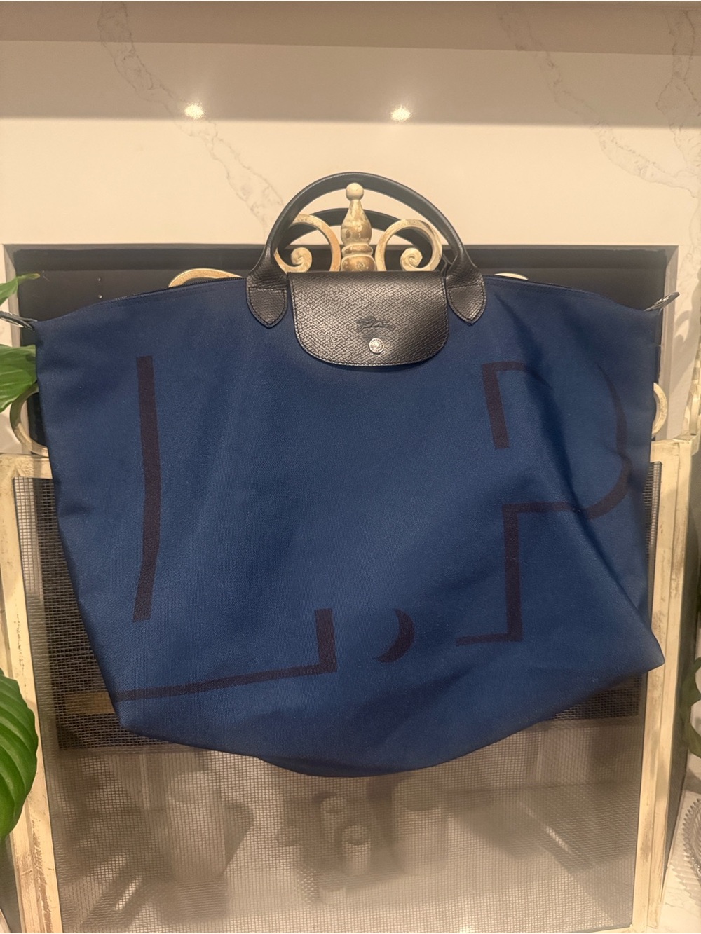 Longchamp Navy Tote with Black Leather Trim